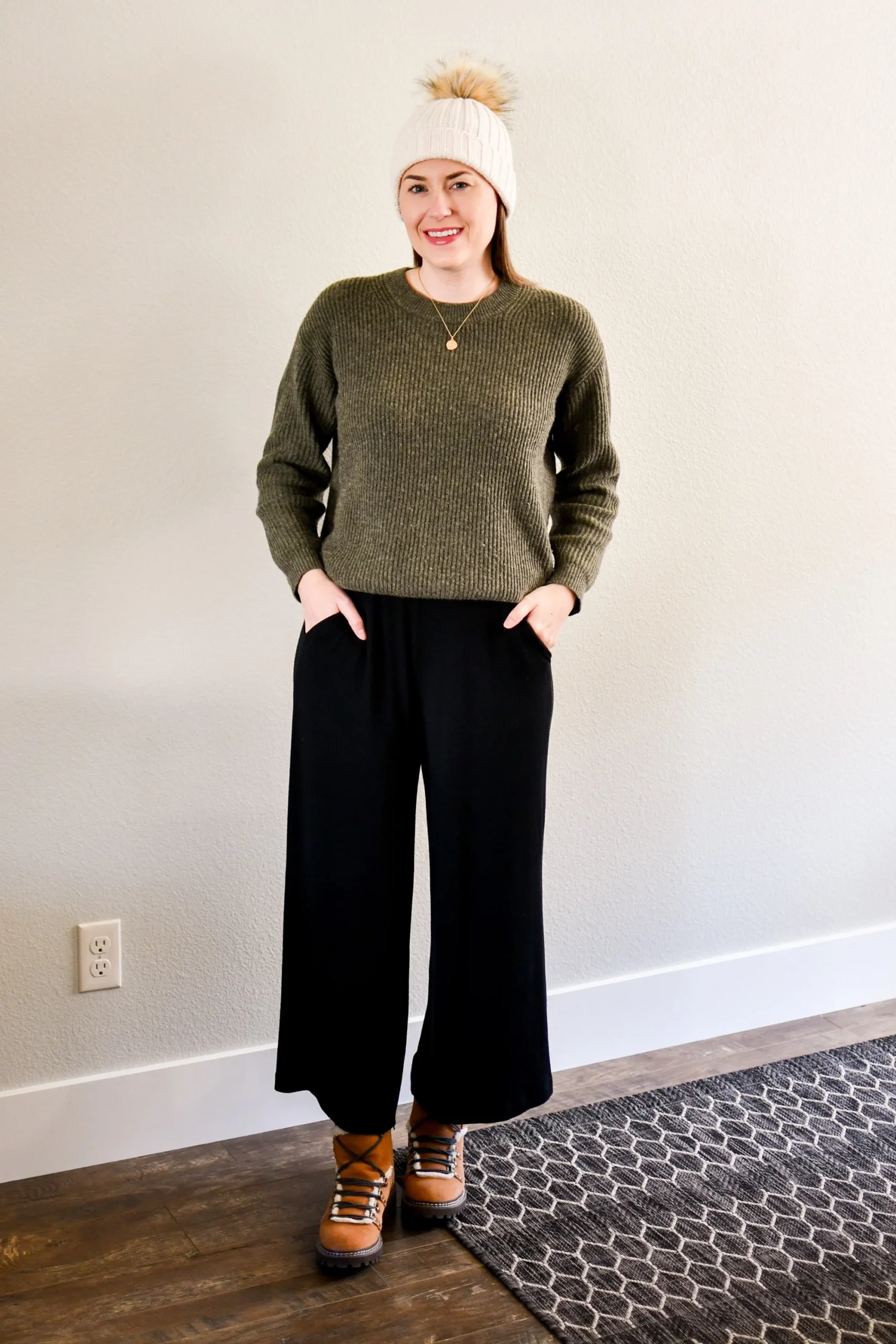 Olive Green Knit Sweater with Hiking Boots — Late Winter Outfits