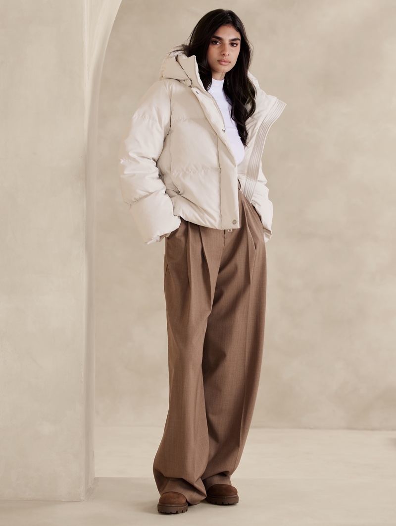 Modern Minimalist: Off-White Cropped Puffer with Wide-Leg Trousers — Winter Puffer Jacket Outfits