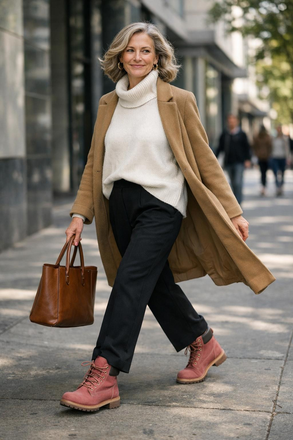 Elegant Contrast: Pink Boots with Camel Coat and Pinstripes — Timberland Boots Outfits