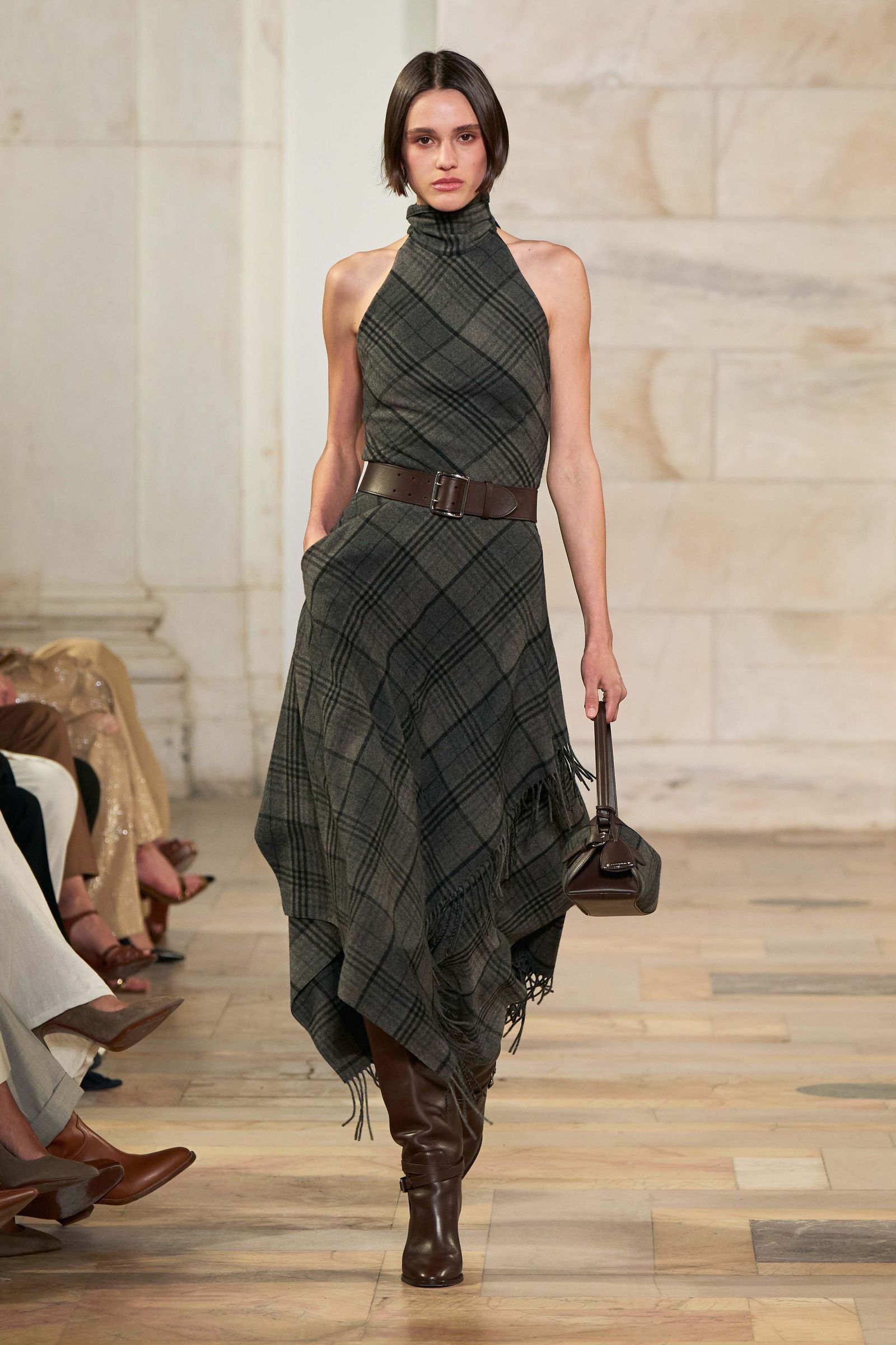 Plaid Halter Dress with Leather Riding Boots — Riding Boots Outfits