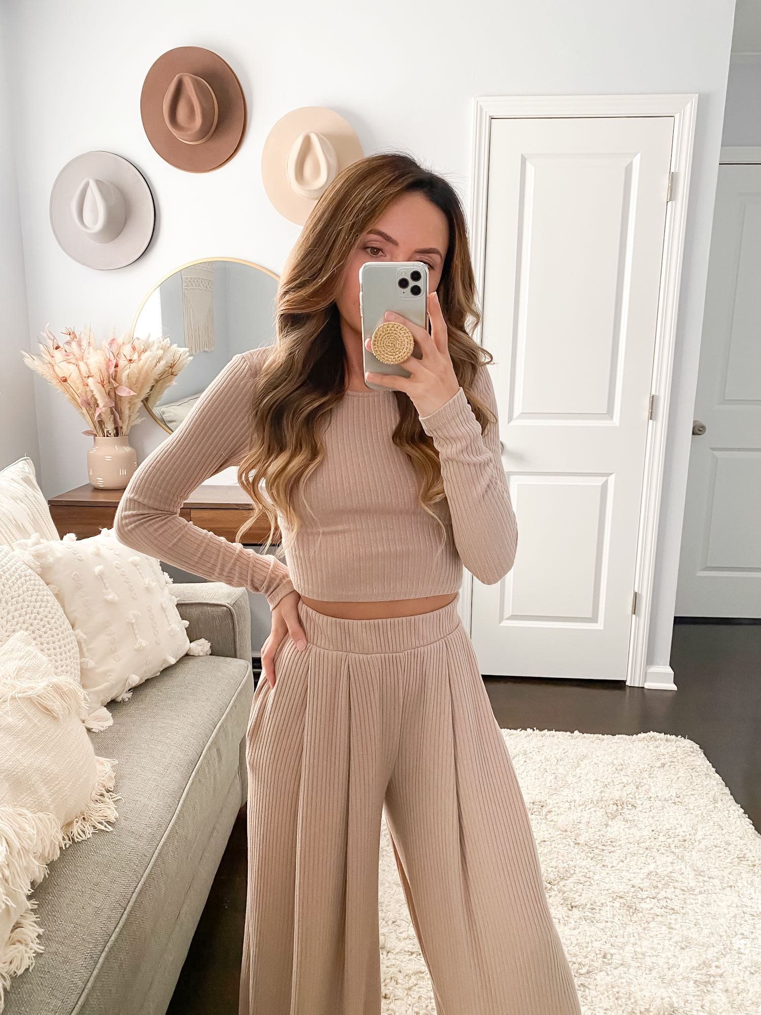 Beige Ribbed Knit Cropped Top and Wide-Leg Pants — Loungewear Outfits
