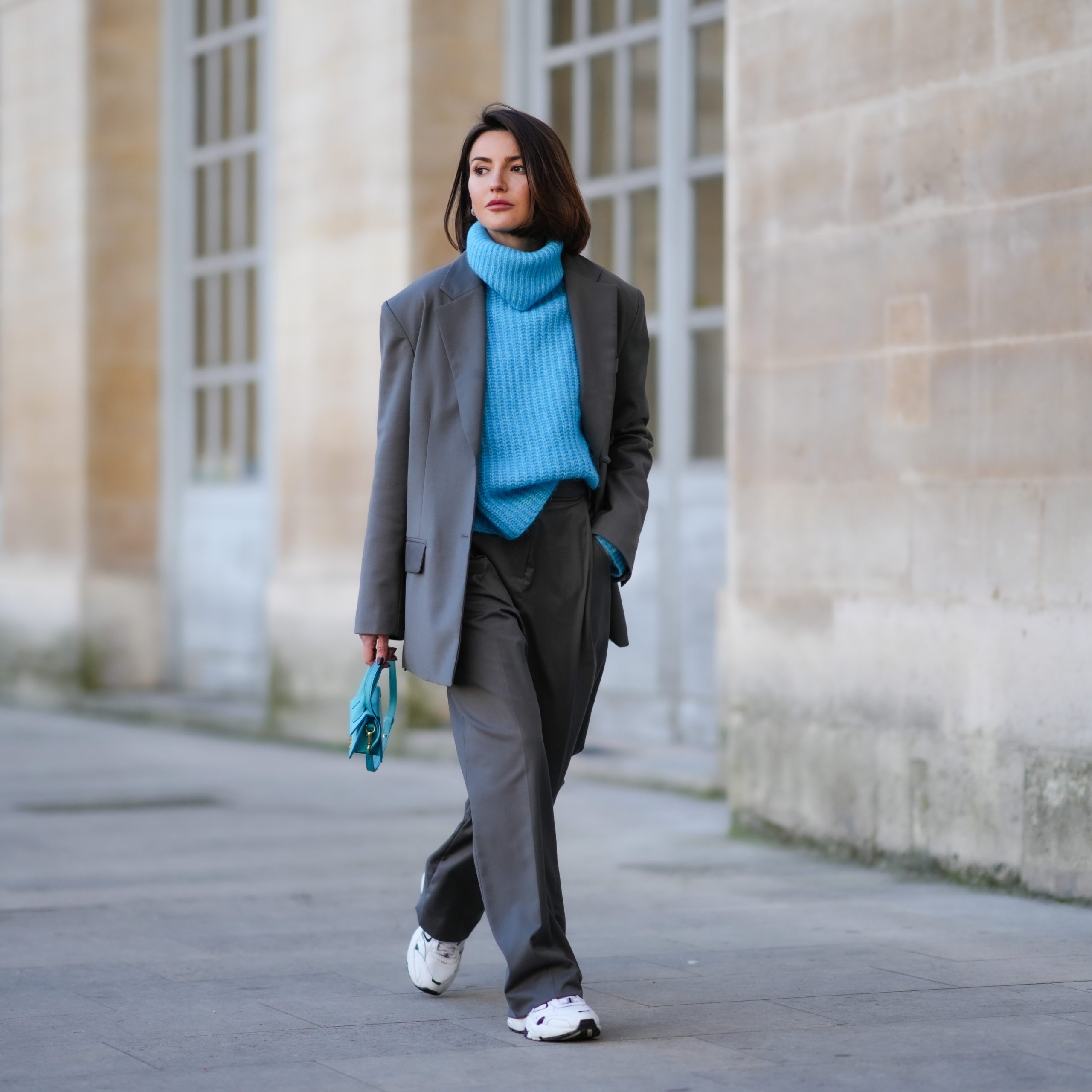 Bright Blue Oversized Turtleneck Under Grey Oversized Blazer — Oversized Sweater Outfits