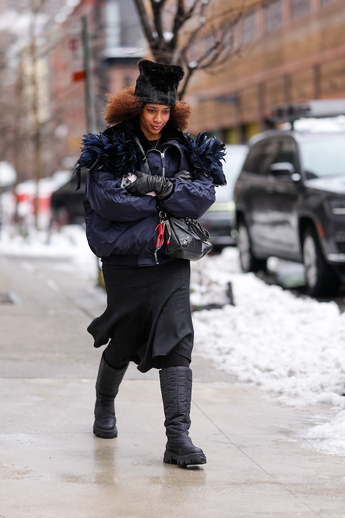 Navy Puffer Jacket with Feather Trim and Midi Skirt Navy Puffer Jacket with Feather Trim and Midi Skirt — Winter Outfits for Black Girls