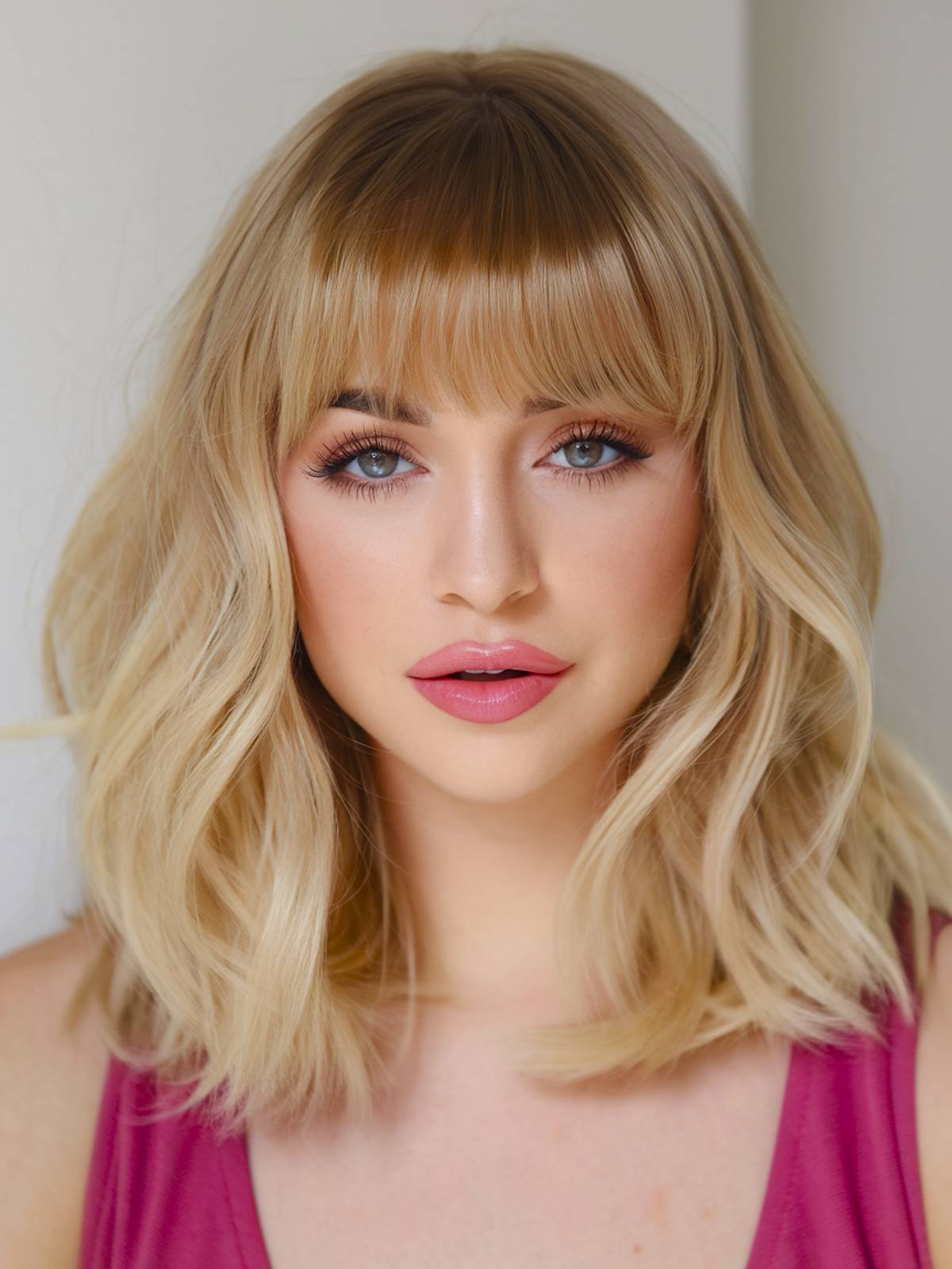Honey Blonde Lob With Wispy Bangs — Winter Haircuts with Bangs