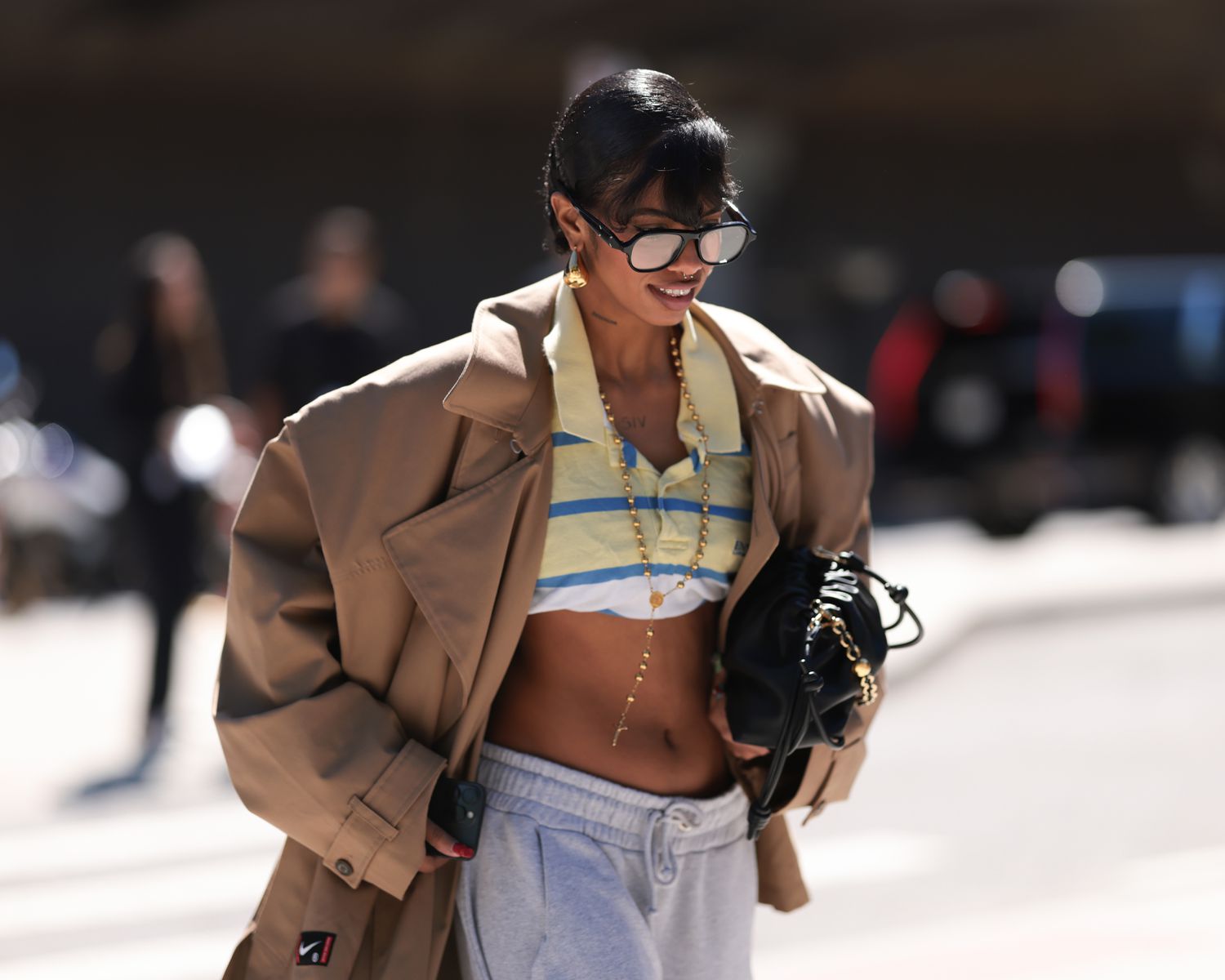 Trench Coat Over Striped Top and Sweatpants — Winter Athleisure Outfits