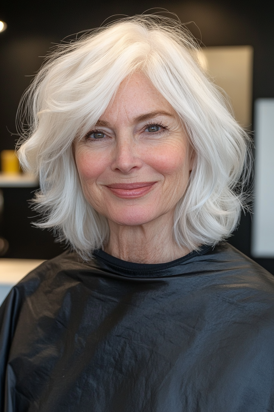White Blonde Lob With Curtain Bangs White Blonde Lob With Curtain Bangs — Winter Haircuts for Women Over 60