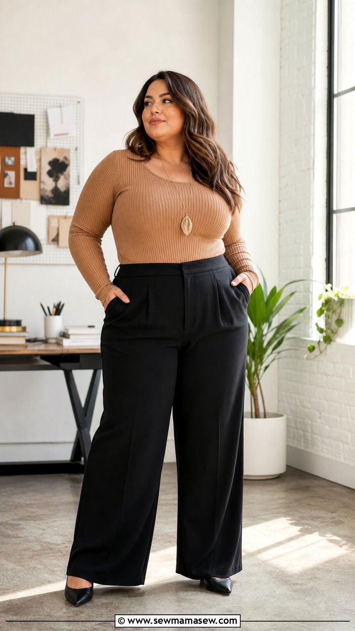 Business Casual Elegance: Wide-Leg Trousers and Ribbed Top Business Casual Elegance: Wide-Leg Trousers and Ribbed Top — Winter Outfits for Curvy Women