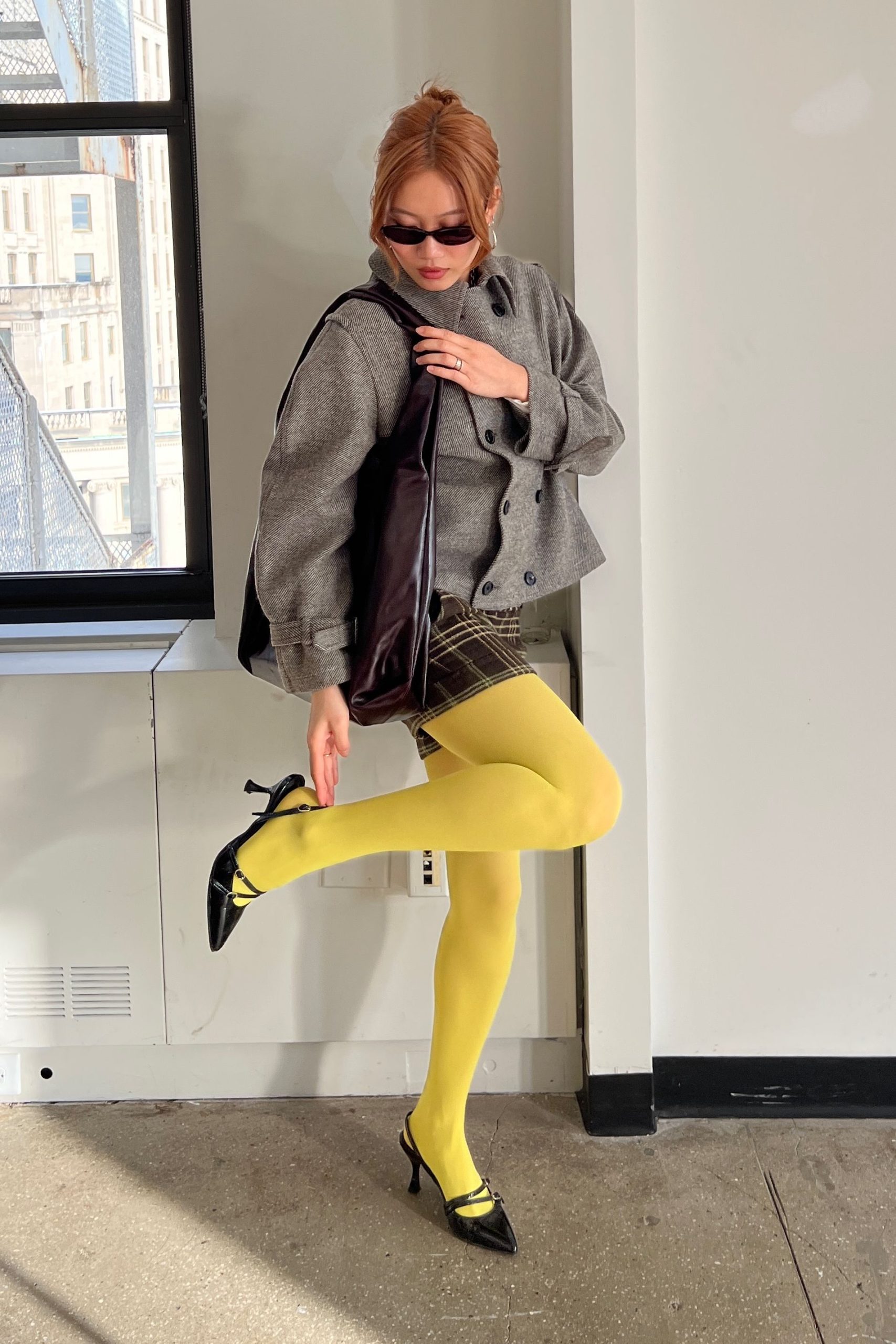 Bold Yellow Tights with Plaid Mini Skirt Bold Yellow Tights with Plaid Mini Skirt — Tights Outfits