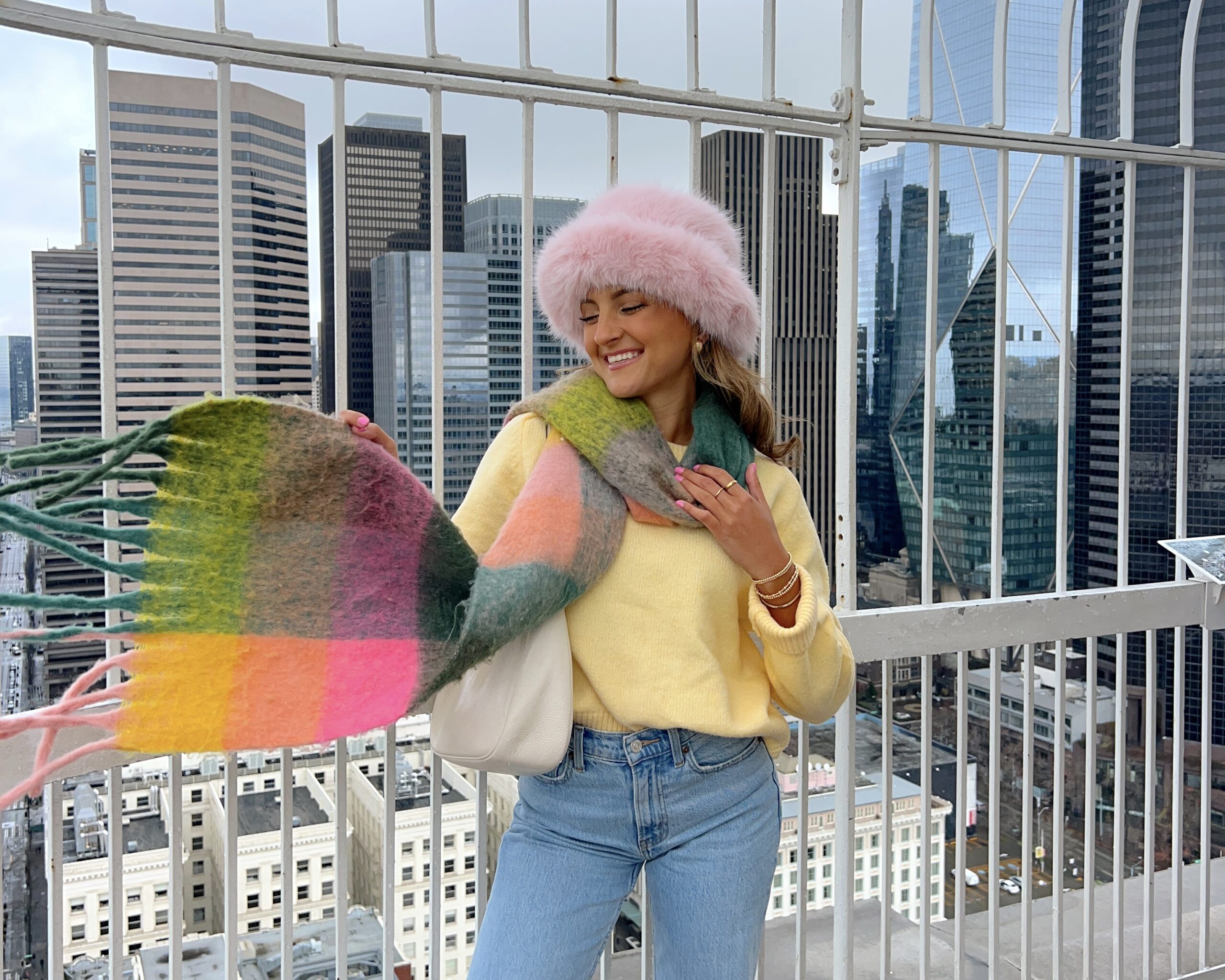 Multicolor Scarf as the Focal Point of a Yellow Sweater Outfit Multicolor Scarf as the Focal Point of a Yellow Sweater Outfit — Colorful Winter Outfits