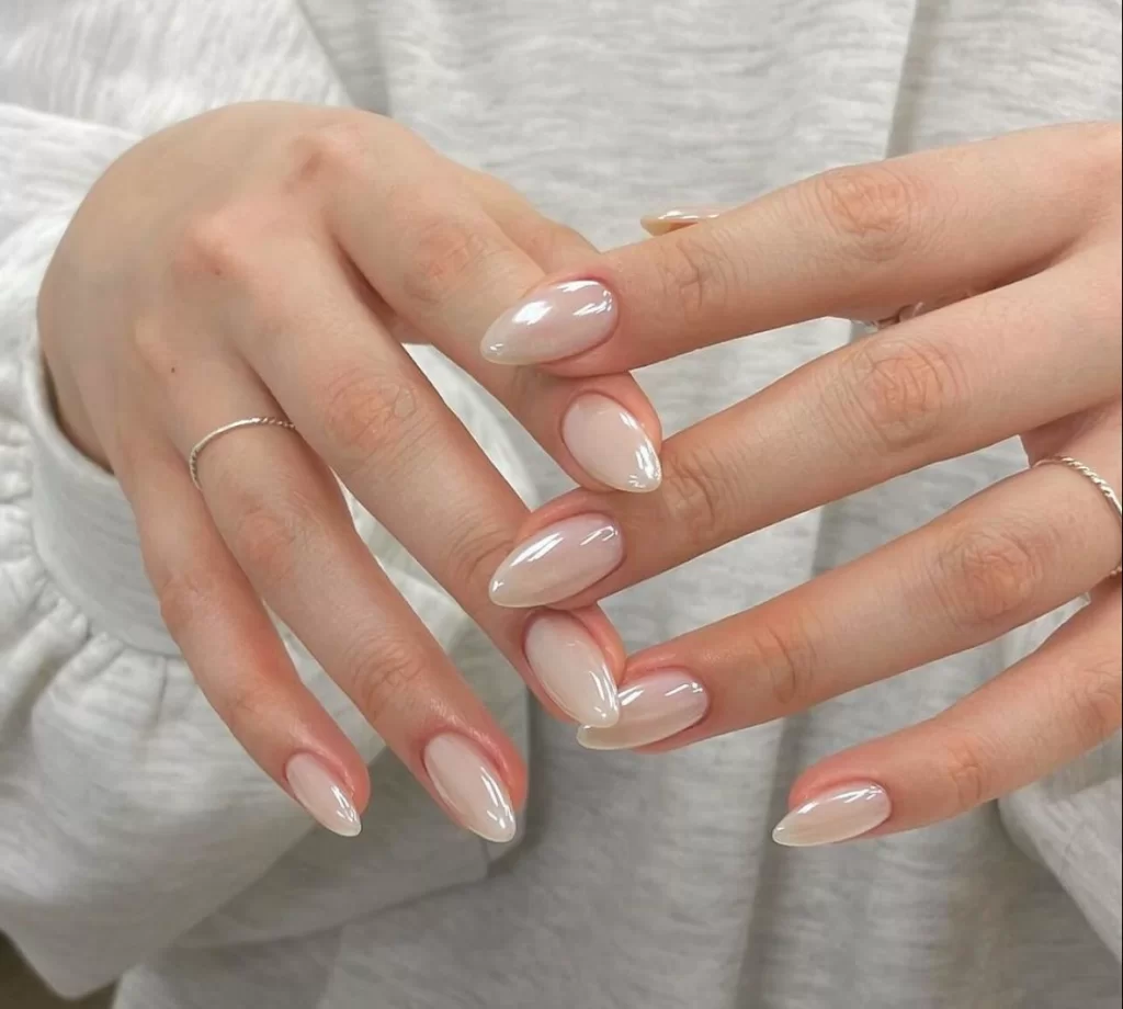 Soft Pearlescent Pale Beige Almond Nails Soft Pearlescent Pale Beige Almond Nails — Natural Winter Nails