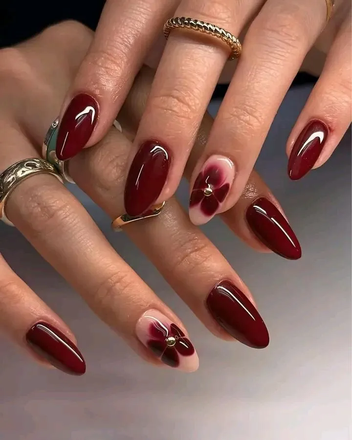 Deep Red Floral Medium Stiletto Nails Deep Red Floral Medium Stiletto Nails — easy nail designs