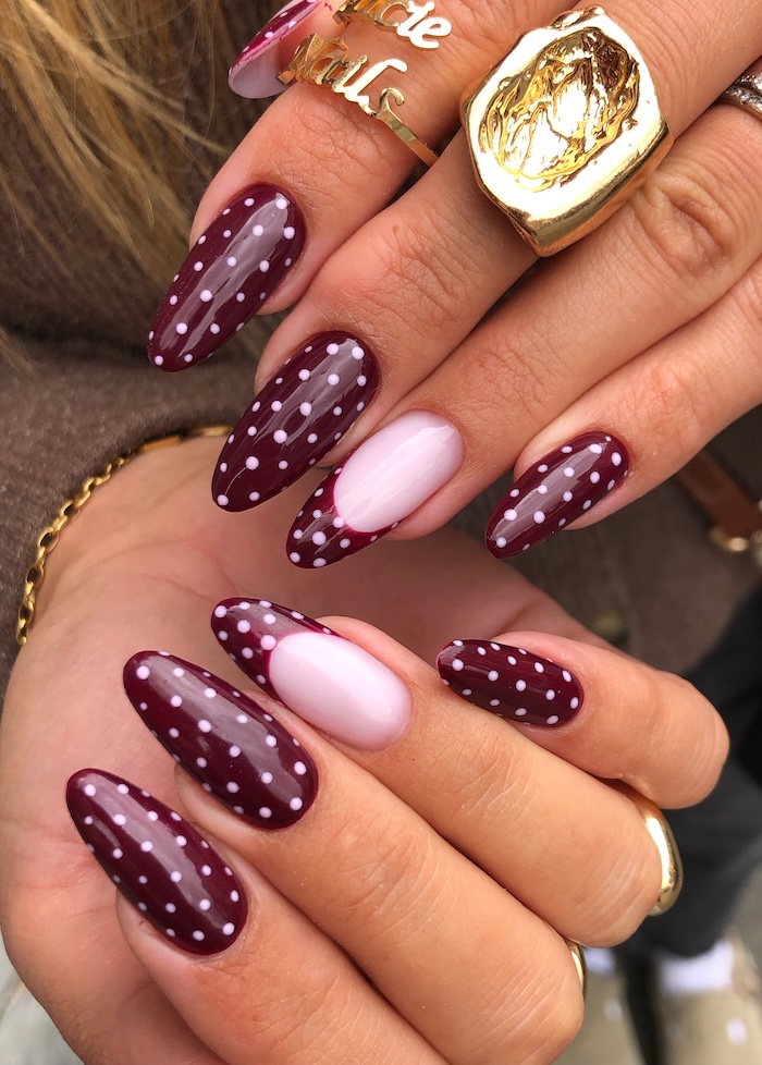 Burgundy Polka Dot French Almonds Burgundy Polka Dot French Almonds — almond nail designs