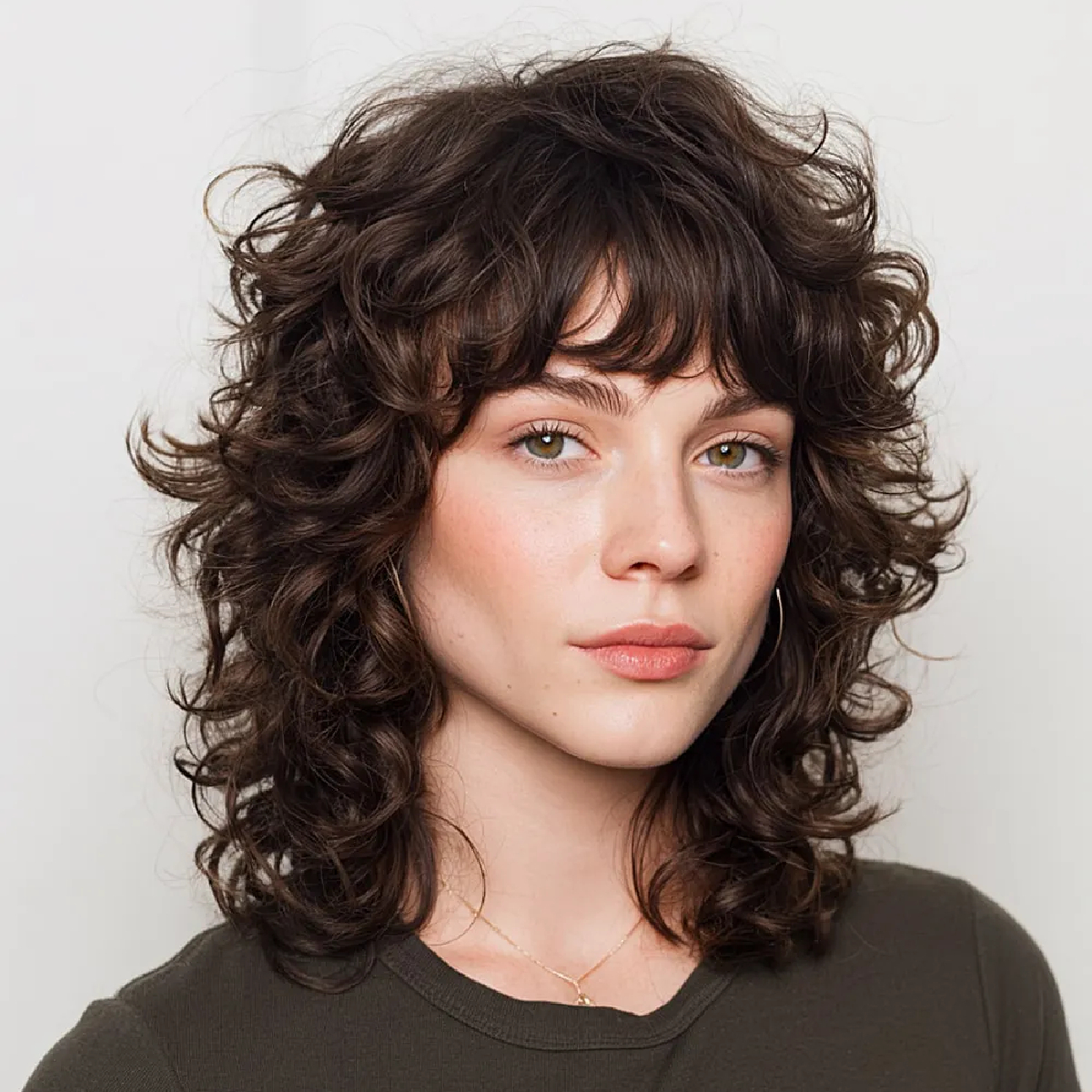 Chin-Length Curly Shag With Full Bangs Chin-Length Curly Shag With Full Bangs — Winter Shag Haircuts