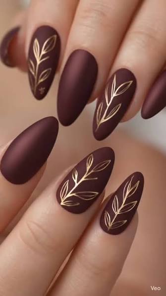 Matte Burgundy Gold Branch Nails Matte Burgundy Gold Branch Nails — classy simple nail designs