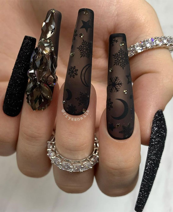 Matte Black Glitter and Jewel Coffin Nails Matte Black Glitter and Jewel Coffin Nails — Winter Black Nails