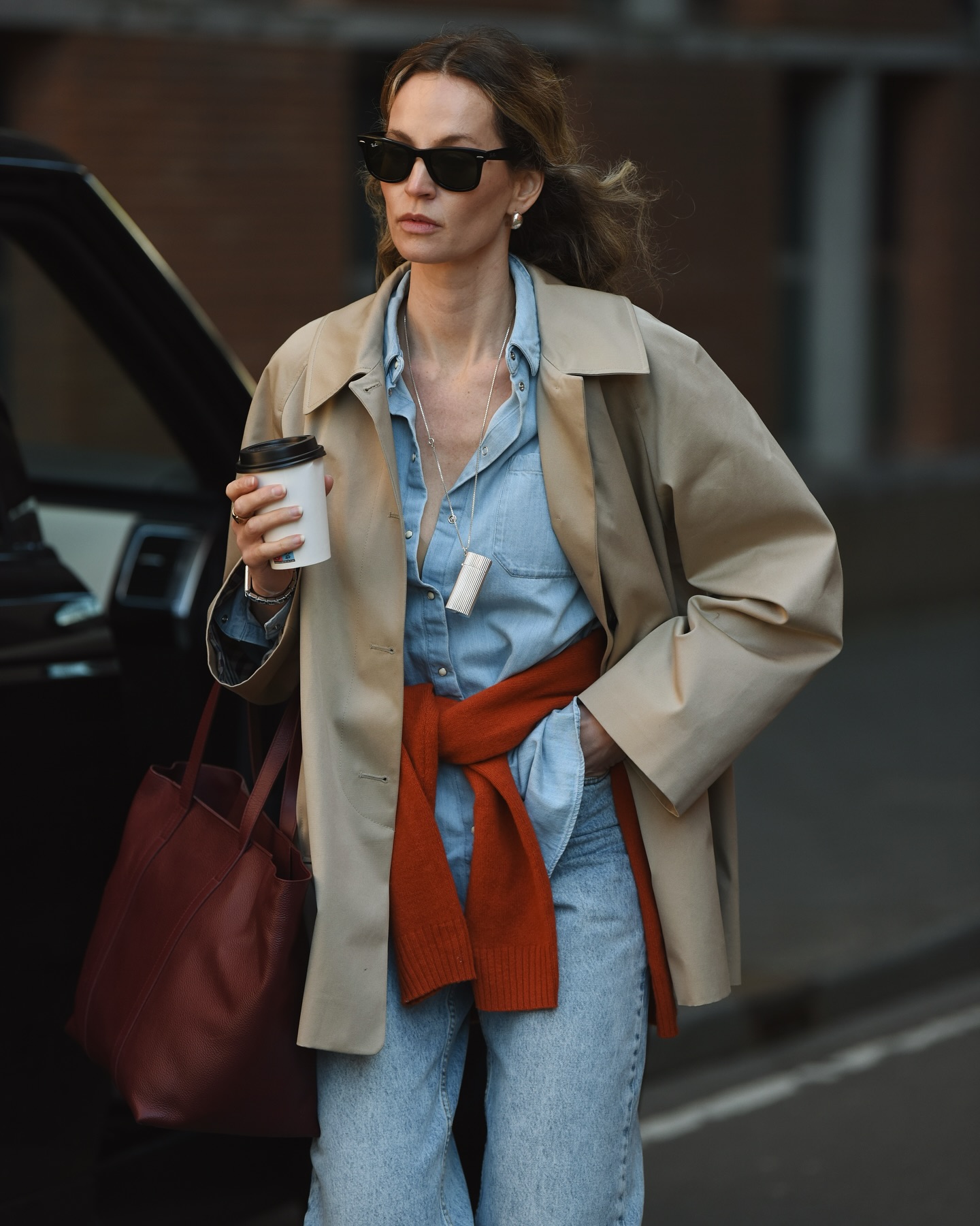 Weekend Vibes: Beige Car Coat with Denim and Orange Sweater Accent Weekend Vibes: Beige Car Coat with Denim and Orange Sweater Accent — Car Coat Outfits