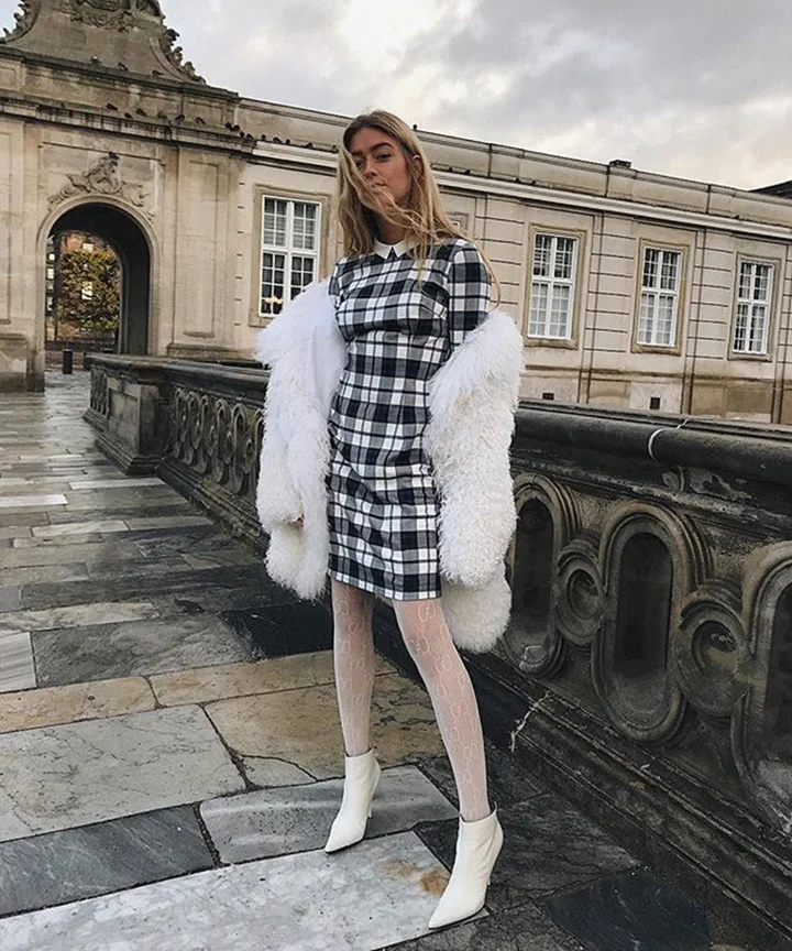 Monochrome Mini Dress with Voluminous Faux Fur Coat Monochrome Mini Dress with Voluminous Faux Fur Coat — Early Winter Outfits