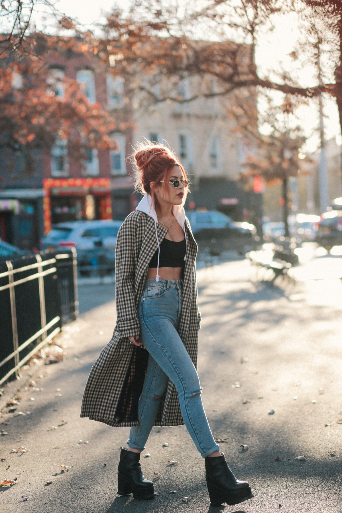 Plaid Trench Coat Over Hoodie and Distressed Jeans — Grunge Winter Outfits