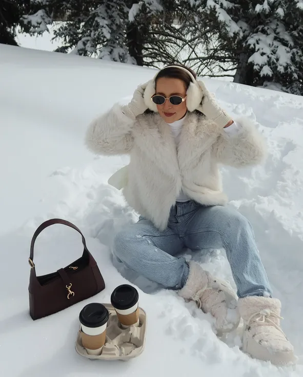 White Faux Fur Jacket and Fuzzy Boots for a Chic Snow Day — Snow Day Outfits