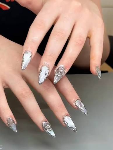 Silver Chrome with 3D Embellishments Silver Chrome with 3D Embellishments — chrome nail designs