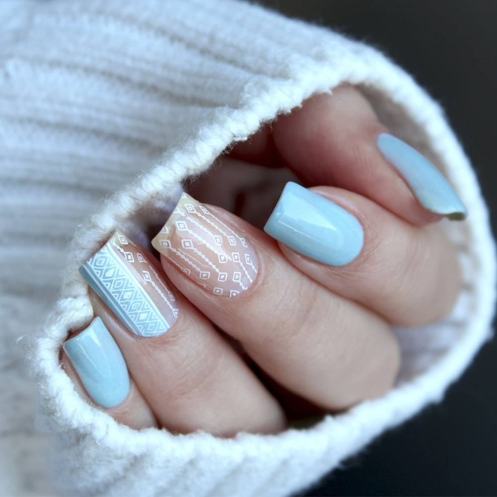 Matte Light Blue with Geometric Embroidery Matte Light Blue with Geometric Embroidery — Pastel Winter Nails