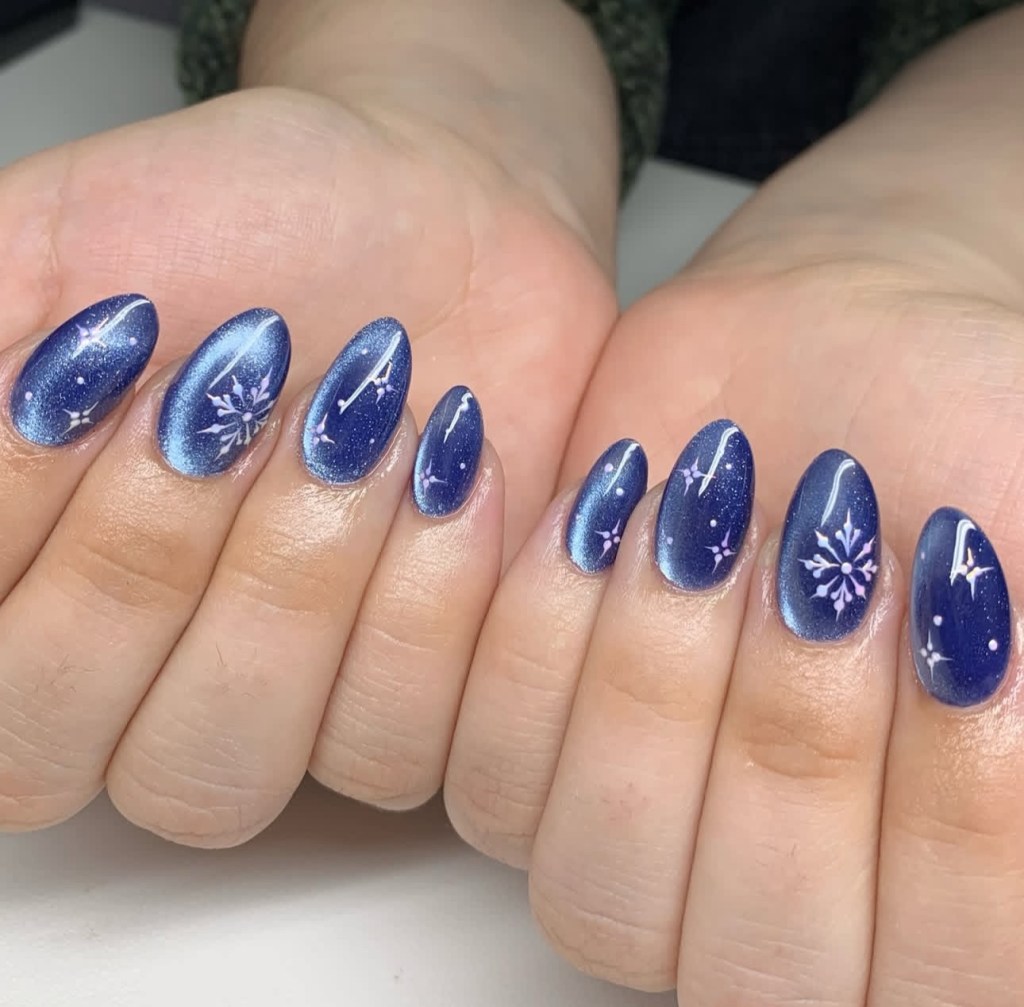 Navy Cat Eye with Winter Motifs Navy Cat Eye with Winter Motifs — Winter Cat Eye Nails