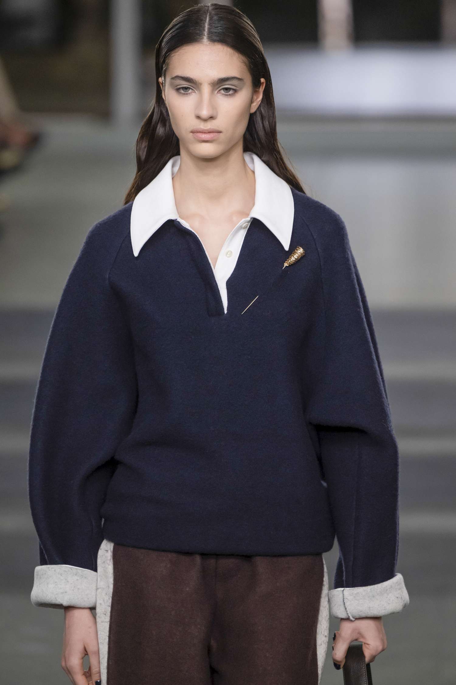 Navy Collared Sweater with Gold Brooch Detail — Preppy Winter Outfits