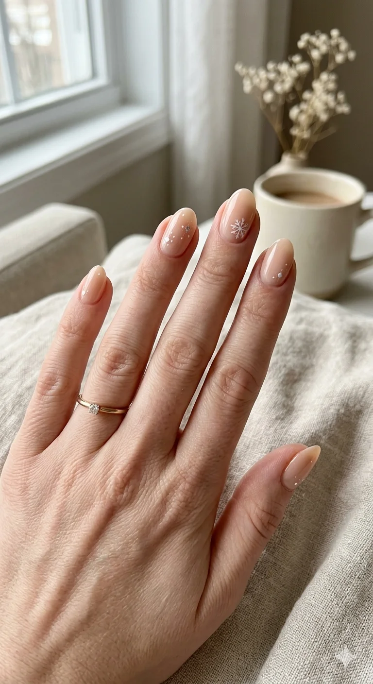 Sheer Nude Snowflake Oval Nails Sheer Nude Snowflake Oval Nails — Everyday Winter Nails