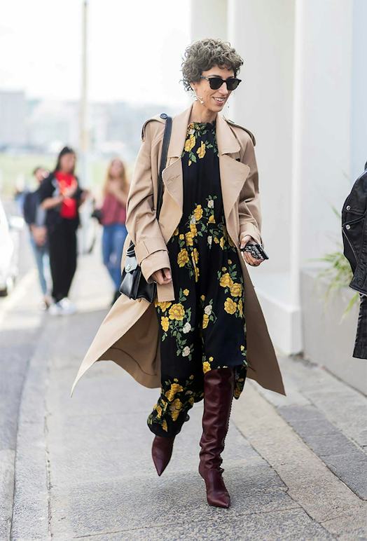 Trench Coat Comfort: Floral Midi Dress and Burgundy Boots Trench Coat Comfort: Floral Midi Dress and Burgundy Boots — Slouchy Boots Outfits
