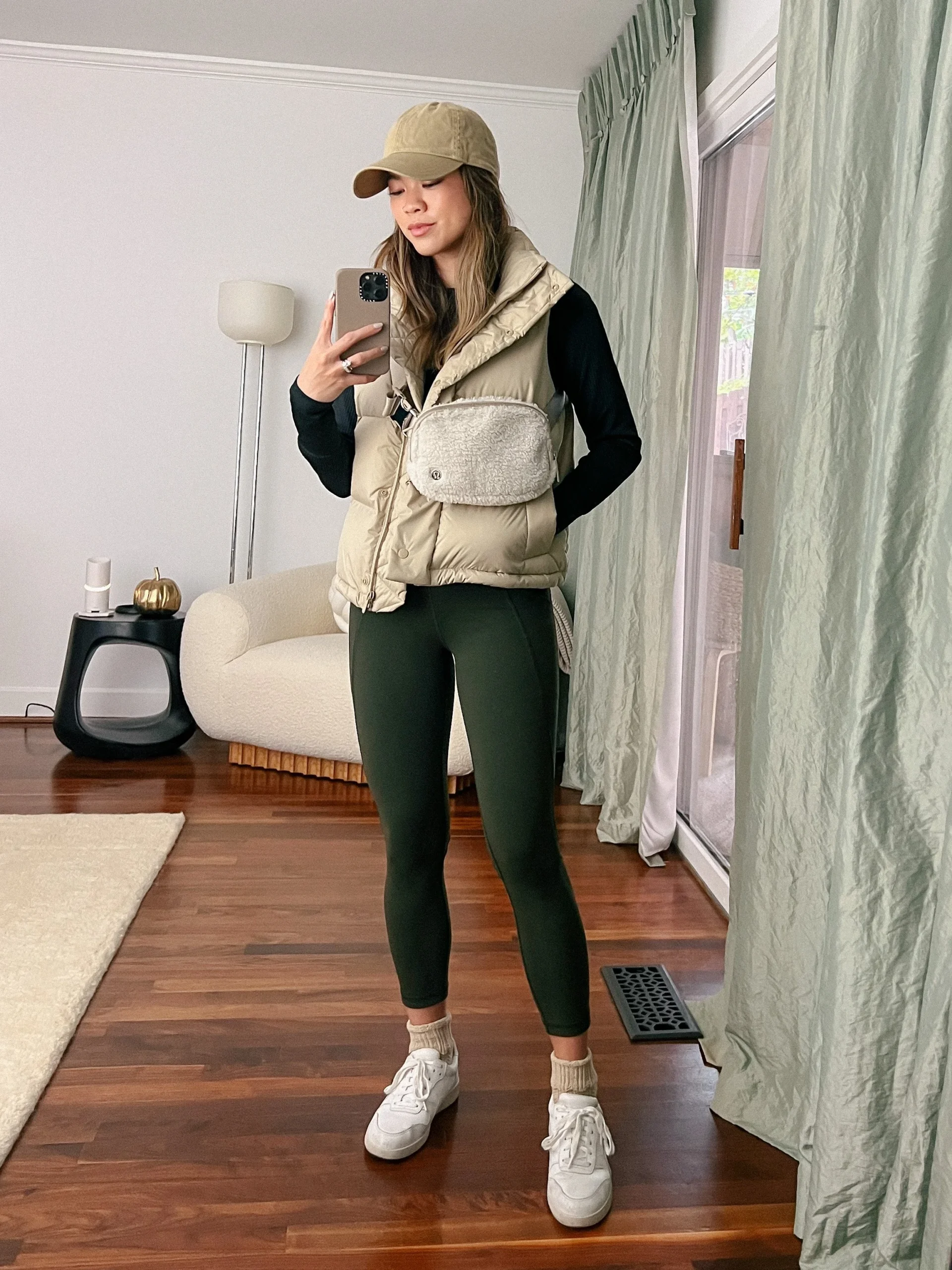 Beige Puffer Vest with Athleisure Layers — Puffer Vest Outfits