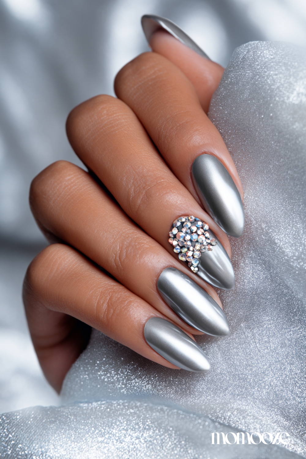 Metallic Silver Chrome with Rhinestones Metallic Silver Chrome with Rhinestones — Winter Nail Colors for Women Over 40