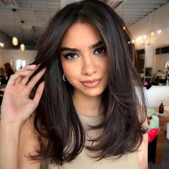 Shoulder Length With Curtain Bangs — Dark Chocolate Brown Hair
