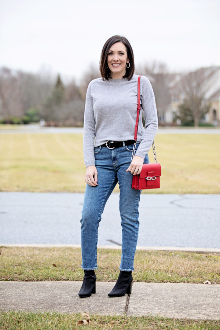 Smart Casual Staple: Medium Wash Straight Leg Jeans with Red Accent — Winter Outfits with Jeans