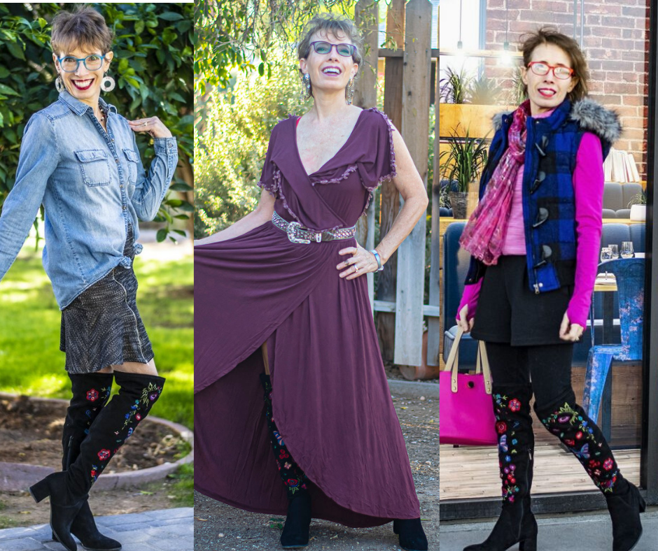 Embroidered Over-the-Knee Boots with Denim Shirt and Mini Skirt — Black Boots Outfits