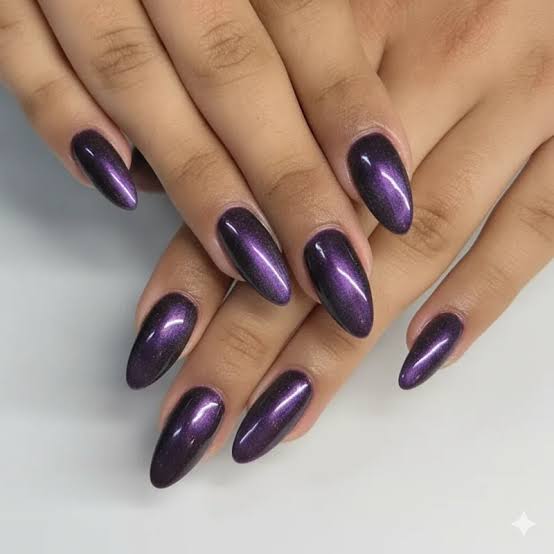 Medium Stiletto Deep Purple Cat Eye Nails Medium Stiletto Deep Purple Cat Eye Nails — Winter Nail Colors for Women Over 60
