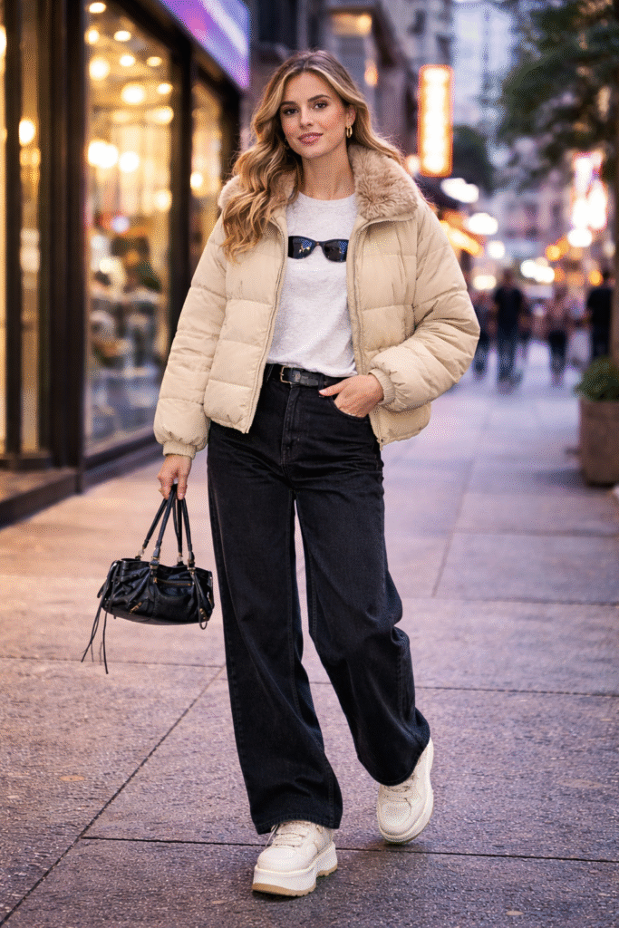 Beige Puffer Jacket with Wide-Leg Jeans for Urban Y2K Style Beige Puffer Jacket with Wide-Leg Jeans for Urban Y2K Style — Y2K Winter Outfits