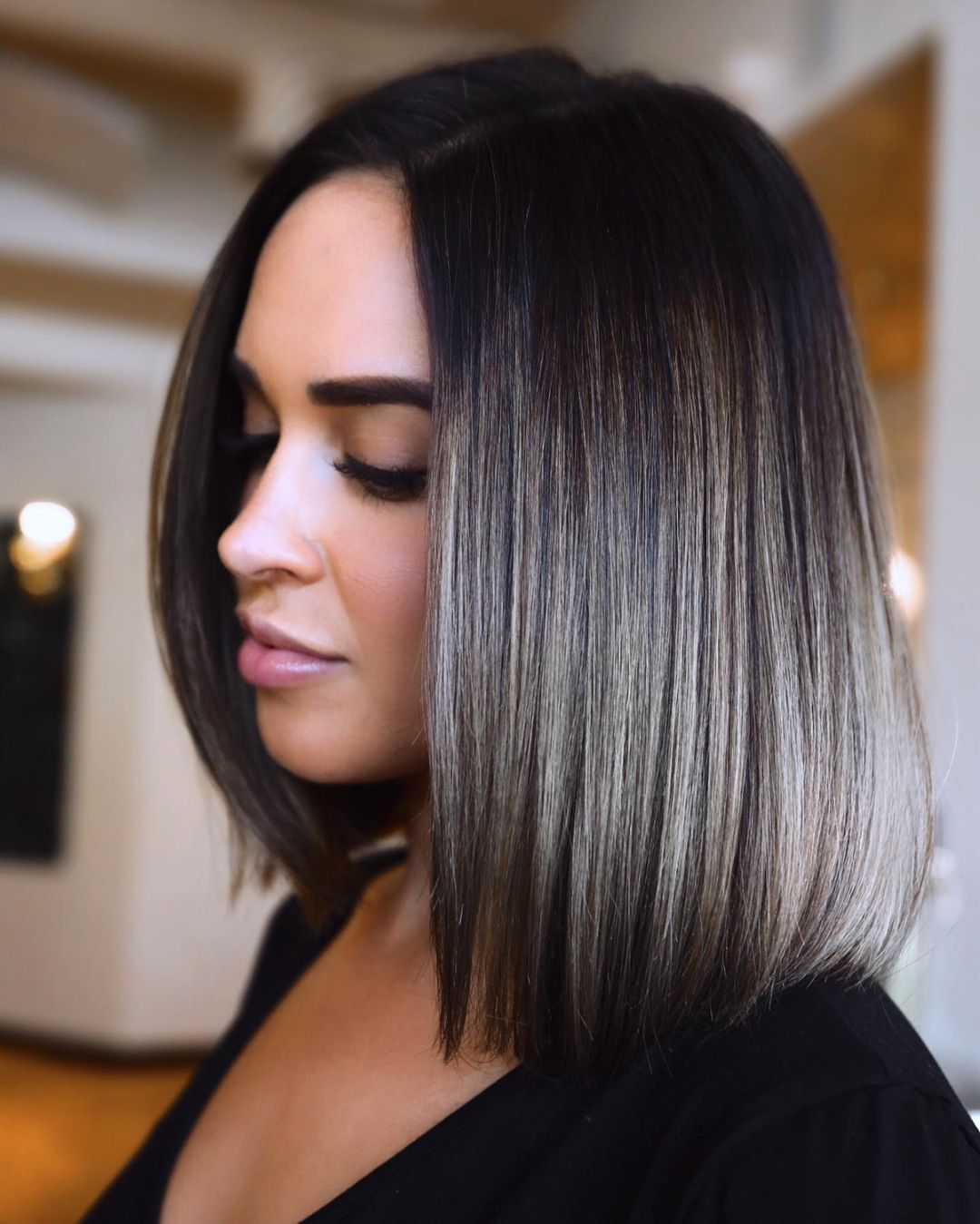 Chin Blunt Bob with Ash Blonde Highlights — Ash Brown Hair