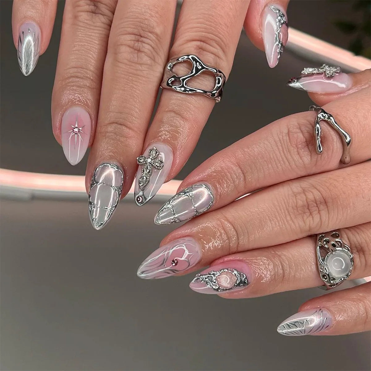 Long Oval Chrome with Rhinestones Long Oval Chrome with Rhinestones — Silver Chrome Nails