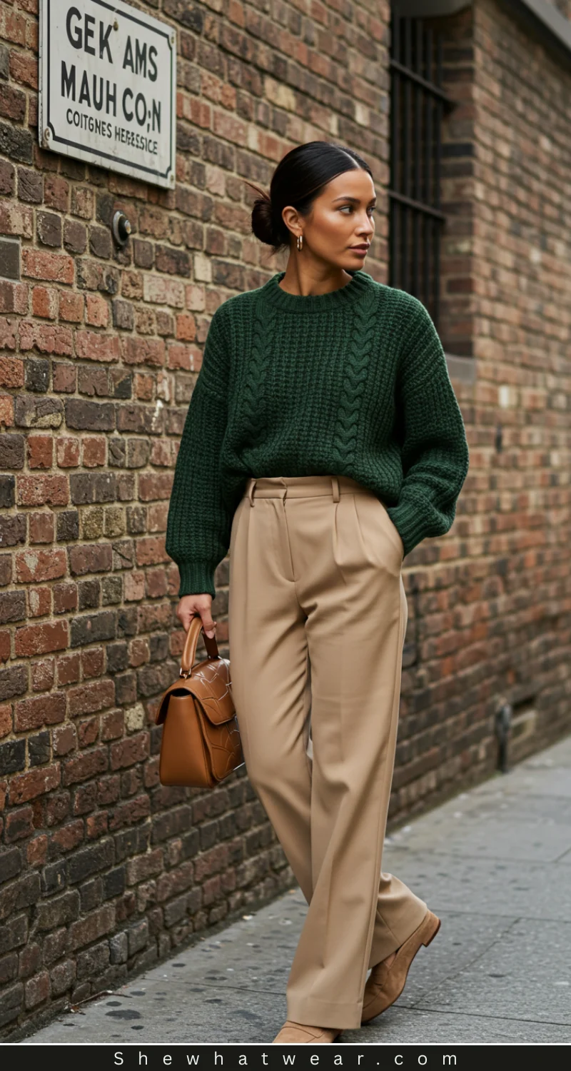Oversized Green Cable-Knit Sweater with Wide-Leg Pants — Turtleneck Outfits