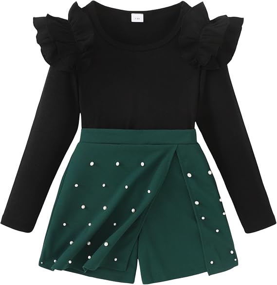 Black Ruffled Top with Pearl-Embellished Green Skort Black Ruffled Top with Pearl-Embellished Green Skort — Winter Outfits for Kids