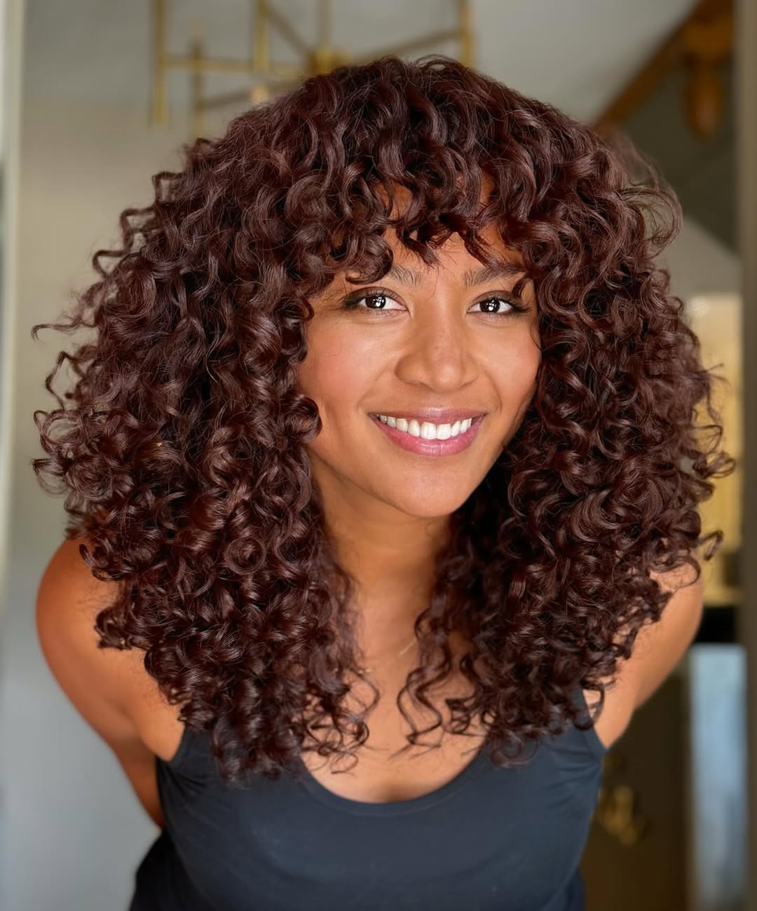 Deep Espresso Curly Bob With Bangs Deep Espresso Curly Bob With Bangs — Deep Winter Hair Color