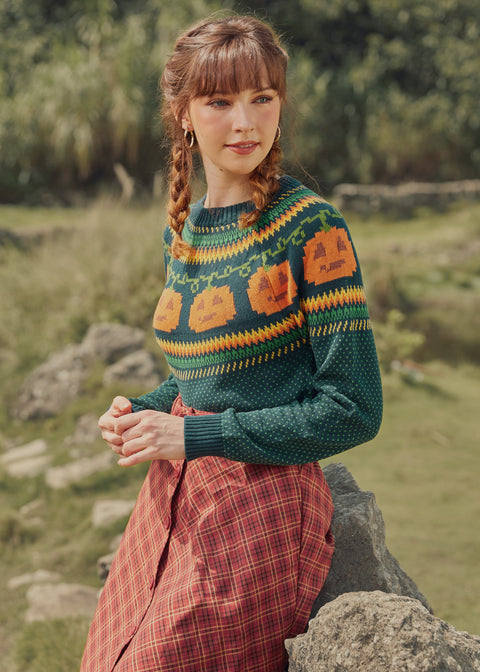 Green Fair Isle Sweater with Pumpkin Motif and Plaid Skirt Green Fair Isle Sweater with Pumpkin Motif and Plaid Skirt — Fair Isle Sweater Outfits