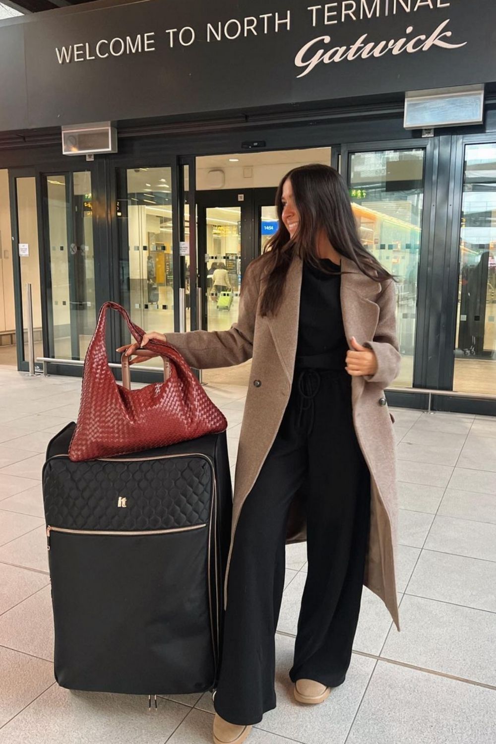Oversized Beige Coat over Black Loungewear with Loafers — Winter Airport Outfits