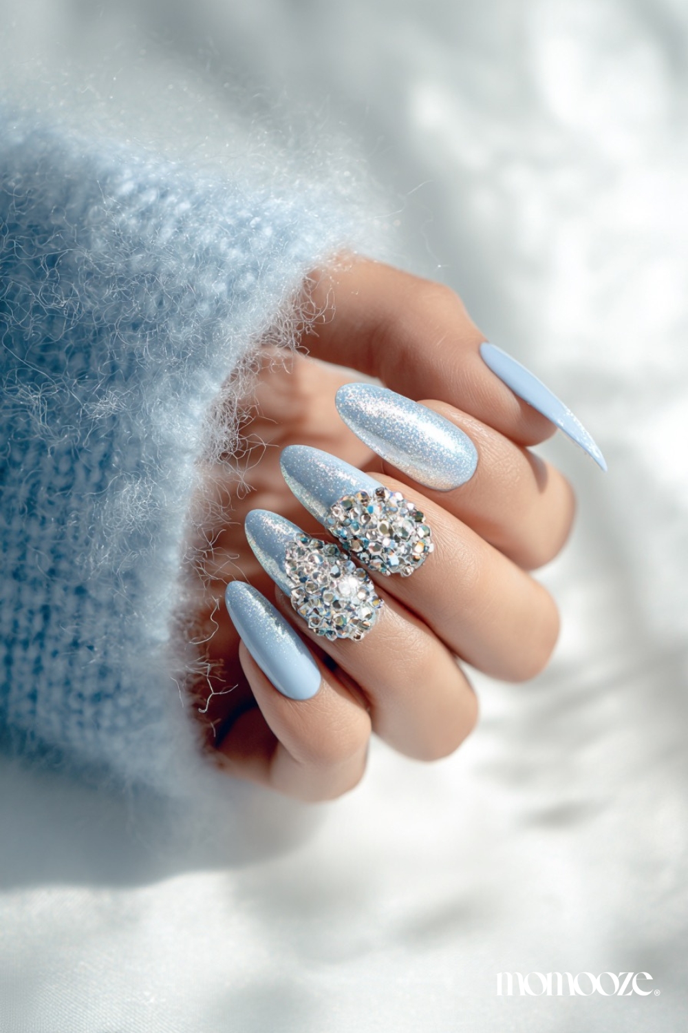 Pale Blue Rhinestone Almond Nails Pale Blue Rhinestone Almond Nails — Winter Almond Nails