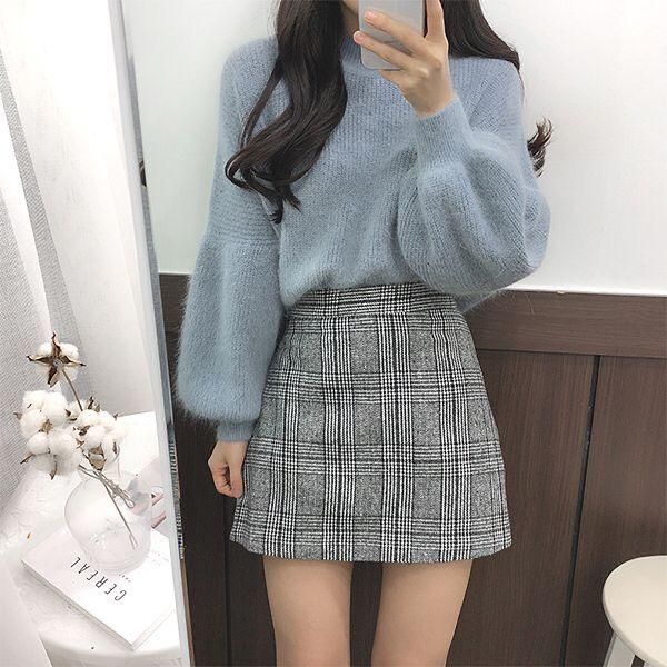 Light Blue Fuzzy Sweater with Plaid Mini Skirt — Korean Winter Outfits