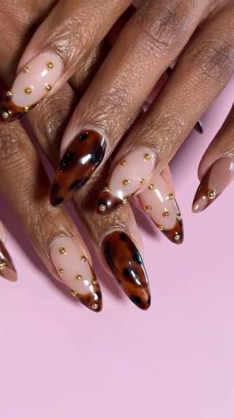 Tortoiseshell French Tips with Gold Beads Tortoiseshell French Tips with Gold Beads — brown nail designs