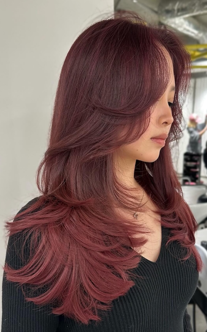 Plum Brown With Violet Tones And Curtain Bangs — Plum Hair Color