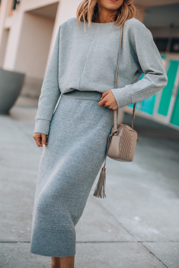 Matching Grey Knit Set with Pointed-Toe Heels — Winter to Spring Transition Outfits
