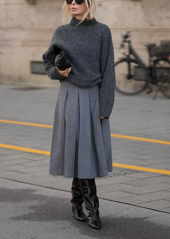 Grey Pleated Midi Skirt with Crewneck Sweater and Leather Boots — Winter Skirt Outfits