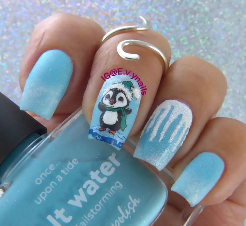 Matte Blue with Icy Penguin Sticker Matte Blue with Icy Penguin Sticker — Winter Nails for Kids